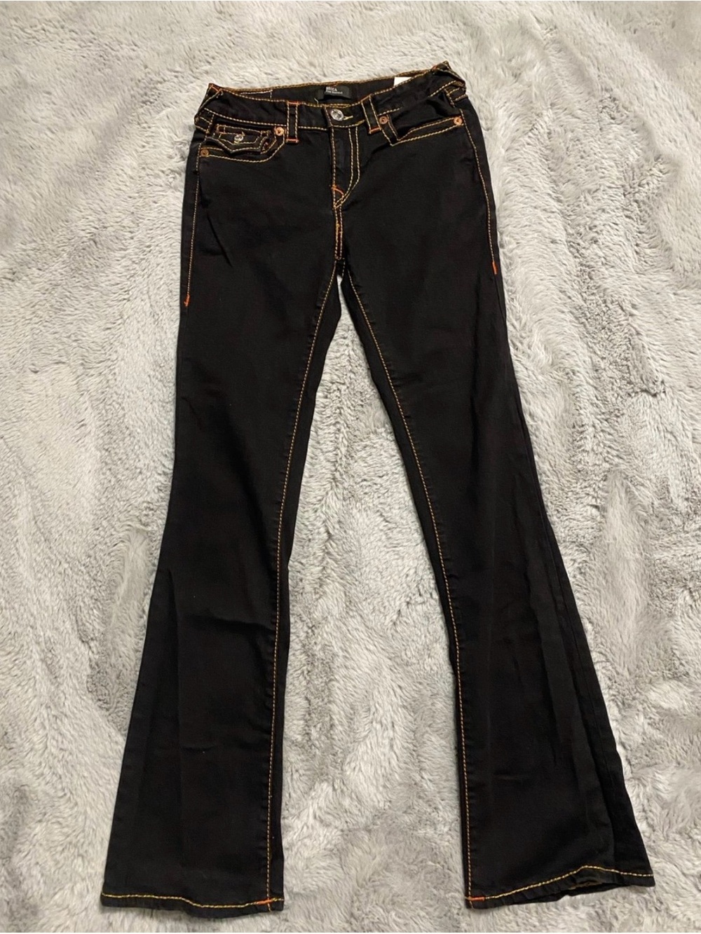 True Religion Black Boot-Cut Jeans with Orange Stitching Size 26